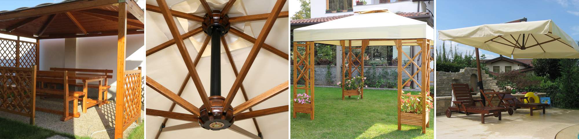 I nostri prodotti: mobili da giardino in legno, ombrelloni, strutture da esterni in legno
